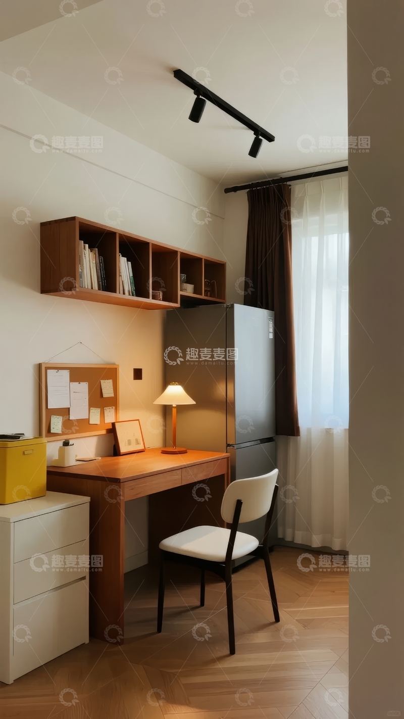 高清大图下载【趣麦麦图】现代简约风格书房角落配备书桌书架与台灯