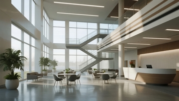 现代办公楼大厅宽敞明亮设有楼梯和休息区