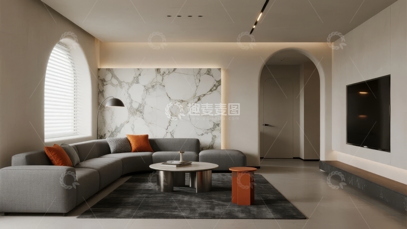 高清大图下载【趣麦麦图】现代简约客厅设计以大理石墙和弧形门洞为特色