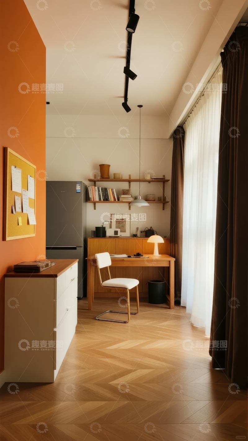 高清大图下载【趣麦麦图】现代简约风格的室内书房与厨房结合空间