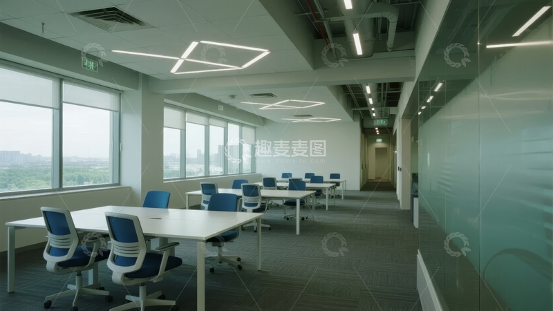 高清大图下载【趣麦麦图】现代办公室内景宽敞明亮配备桌椅和大窗户