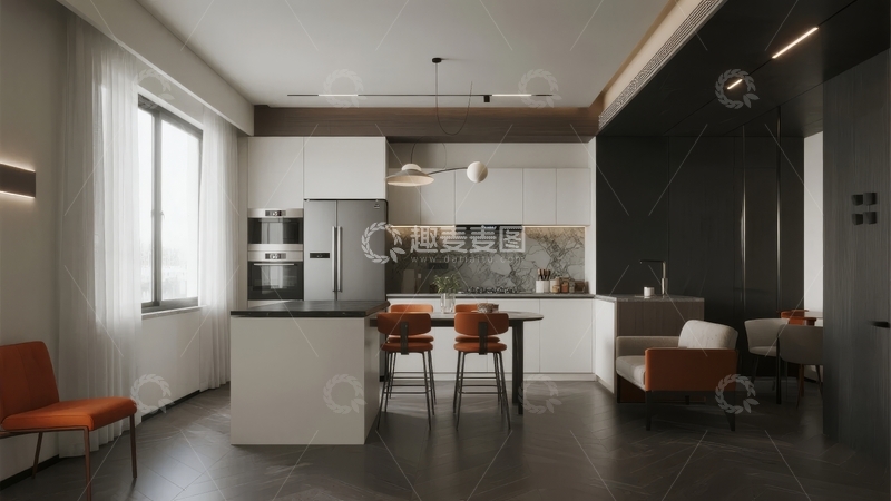 高清大图下载【趣麦麦图】现代简约风格厨房与客厅开放式设计