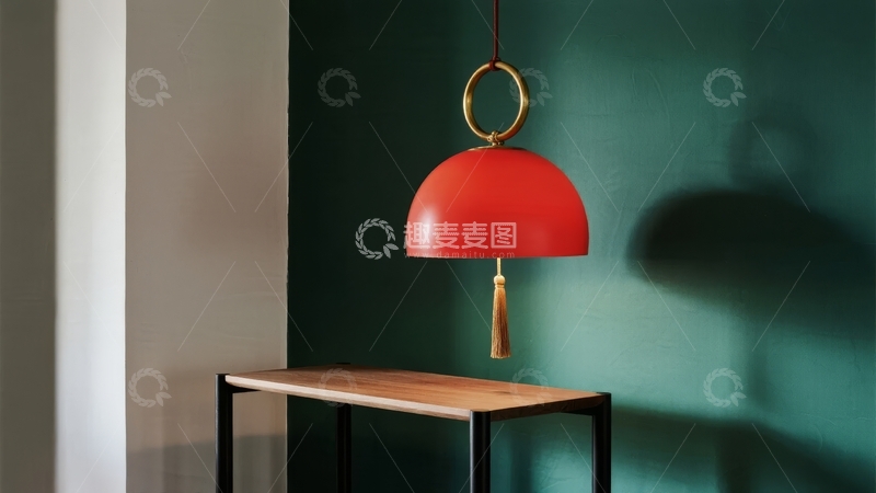 高清大图下载【趣麦麦图】红色吊灯悬挂在绿色墙壁旁的木质桌上方