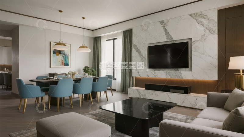 高清大图下载【趣麦麦图】现代简约风格客厅与餐厅一体化设计