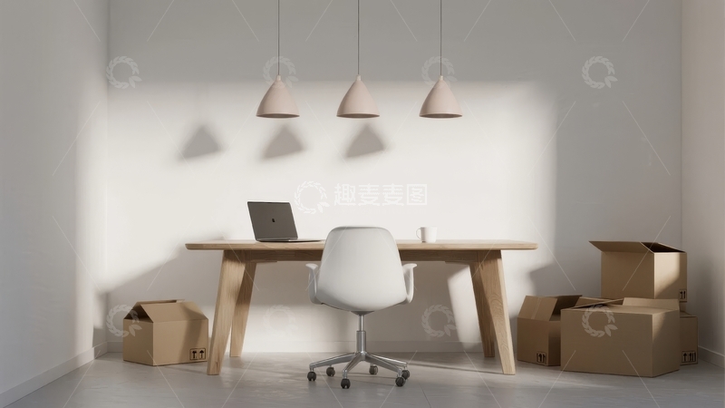 高清大图下载【趣麦麦图】简约办公室内景办公桌旁堆放纸箱