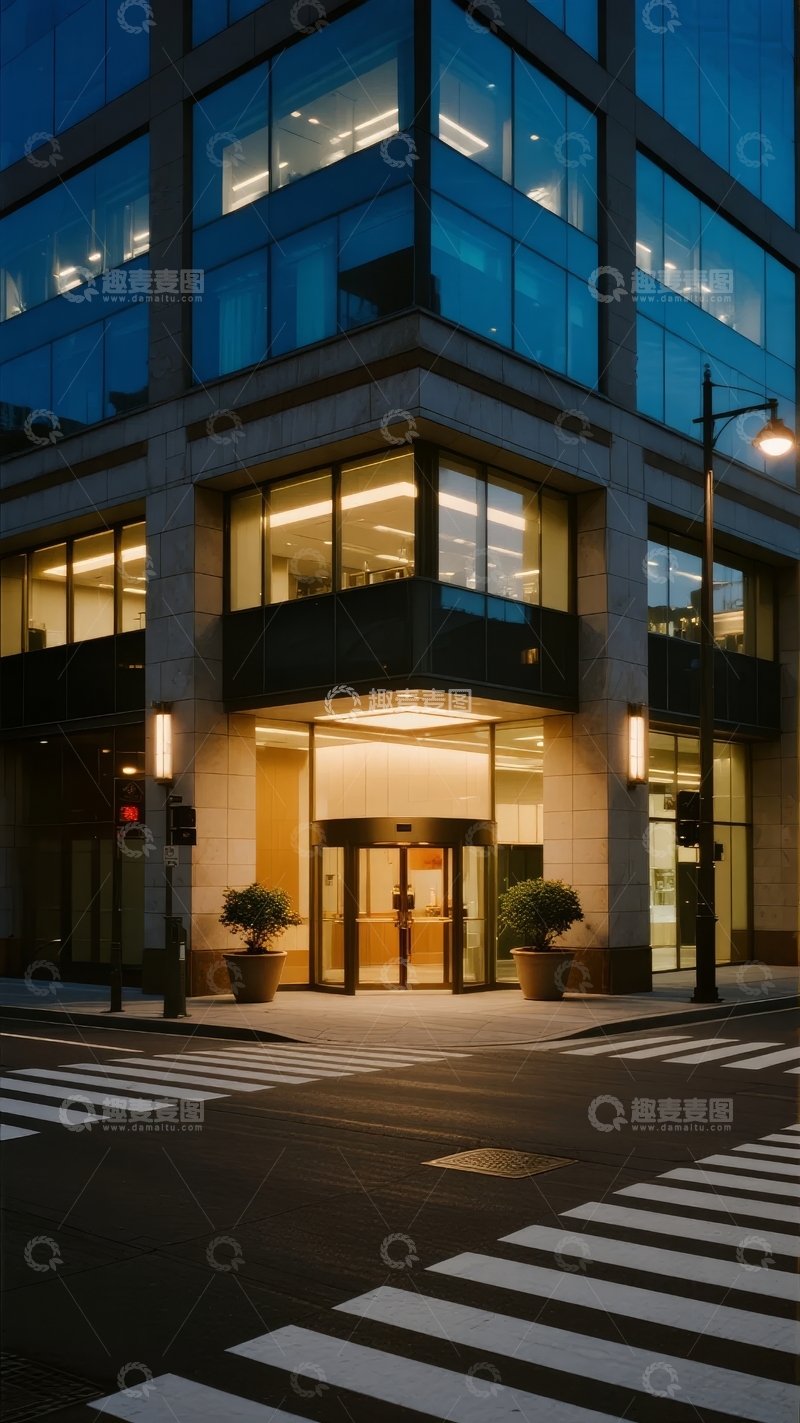 高清大图下载【趣麦麦图】夜晚都市建筑入口街景灯光照亮行人斑马线