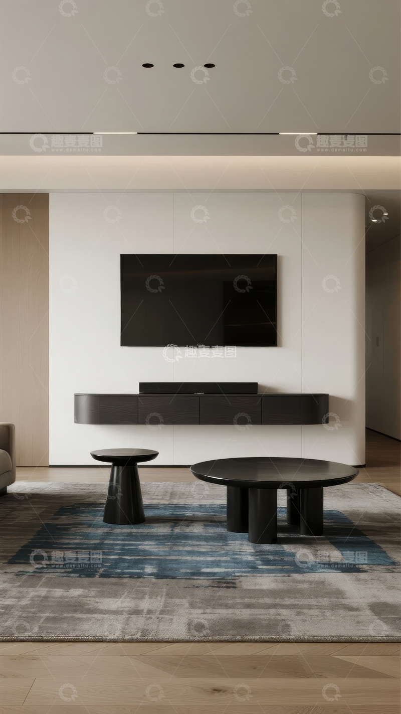 高清大图下载【趣麦麦图】现代简约客厅电视墙设计搭配圆形茶几