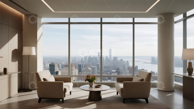 高清大图下载【趣麦麦图】现代客厅内景俯瞰城市天际线