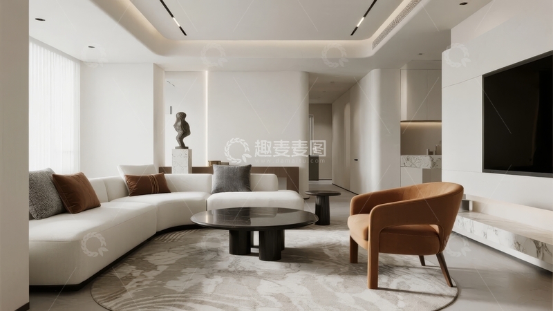 高清大图下载【趣麦麦图】现代简约风格客厅设计包含弧形沙发和艺术装饰品