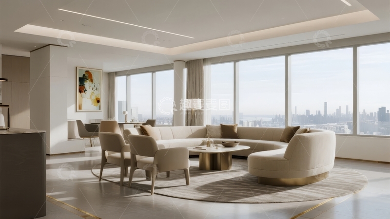 高清大图下载【趣麦麦图】现代豪华客厅拥有全景落地窗和舒适沙发