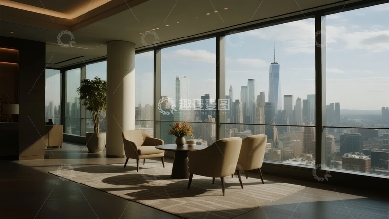 高清大图下载【趣麦麦图】现代室内空间临窗俯瞰城市天际线景观