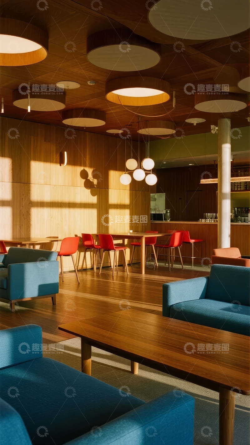 高清大图下载【趣麦麦图】现代室内空间展示木质天花板与彩色座椅的温馨设计