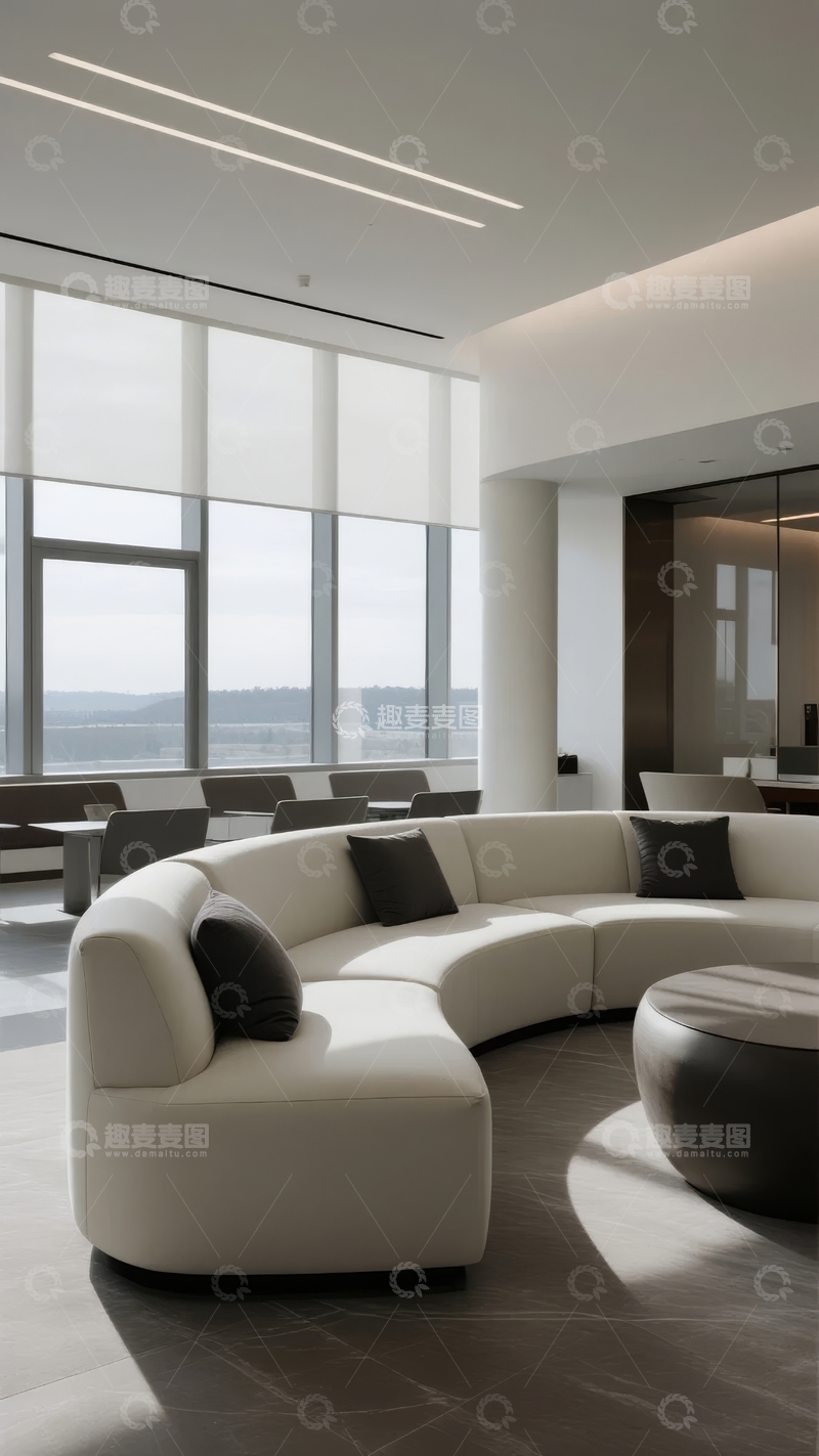高清大图下载【趣麦麦图】现代简约风格客厅配备弧形沙发和大面积落地窗