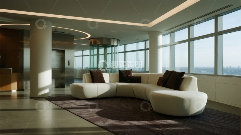 高清大图下载【趣麦麦图】现代简约风格客厅设有弧形沙发和大面积落地窗