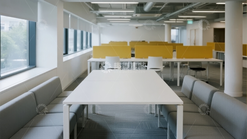 高清大图下载【趣麦麦图】现代办公室休息区设有白色桌椅和灰色沙发