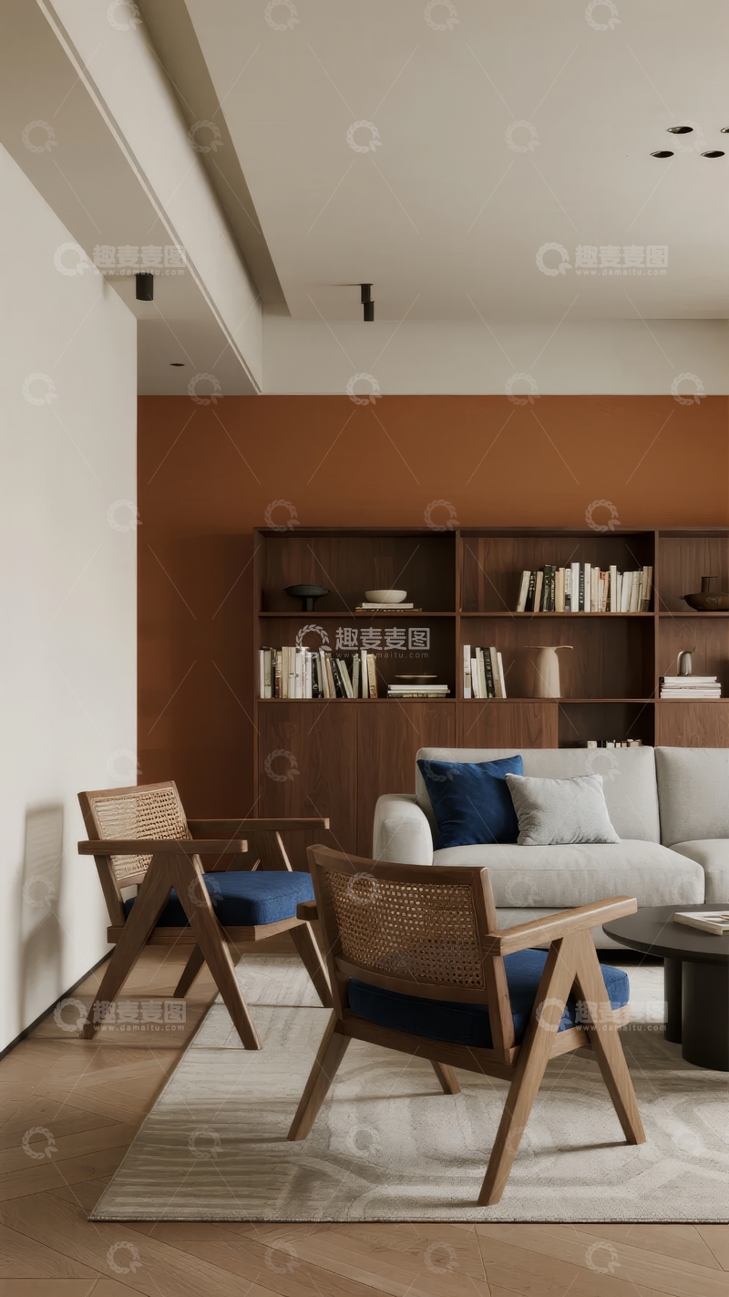 高清大图下载【趣麦麦图】现代简约风格客厅配备木质书架与舒适沙发