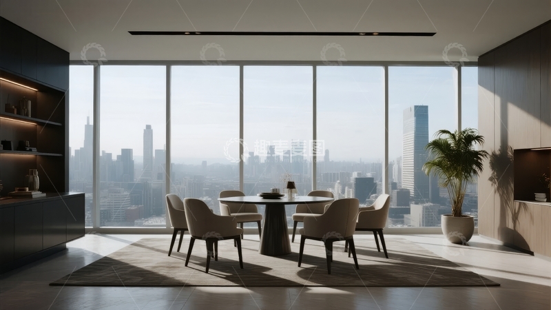高清大图下载【趣麦麦图】现代室内用餐区俯瞰城市天际线景观