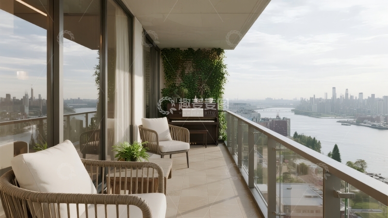 高清大图下载【趣麦麦图】现代阳台景观城市天际线与舒适户外家具