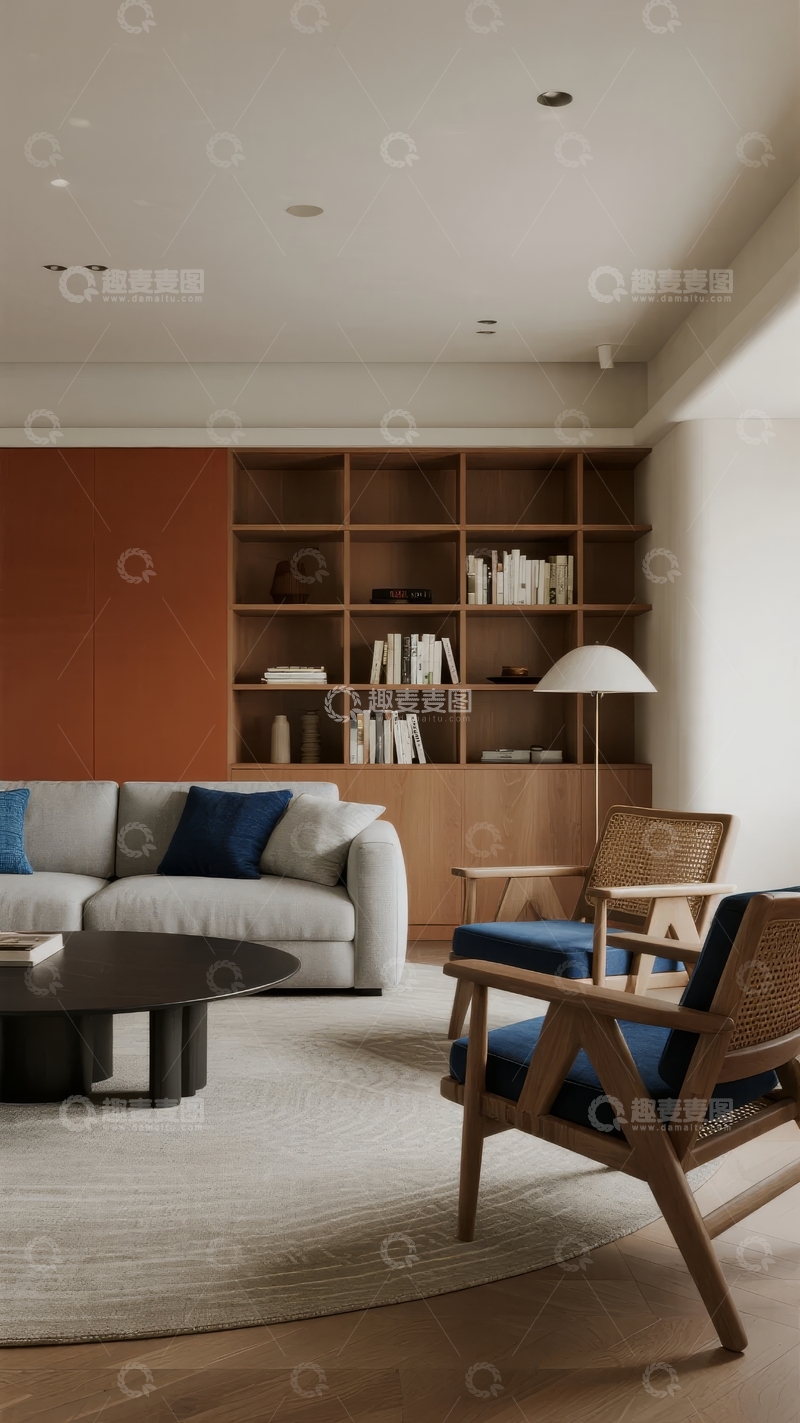 高清大图下载【趣麦麦图】现代简约风格客厅布置包含沙发书架与装饰品