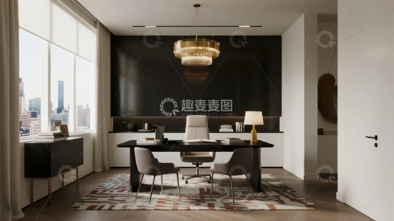 高清大图下载【趣麦麦图】现代简约风格办公室内景配有大窗户和豪华吊灯