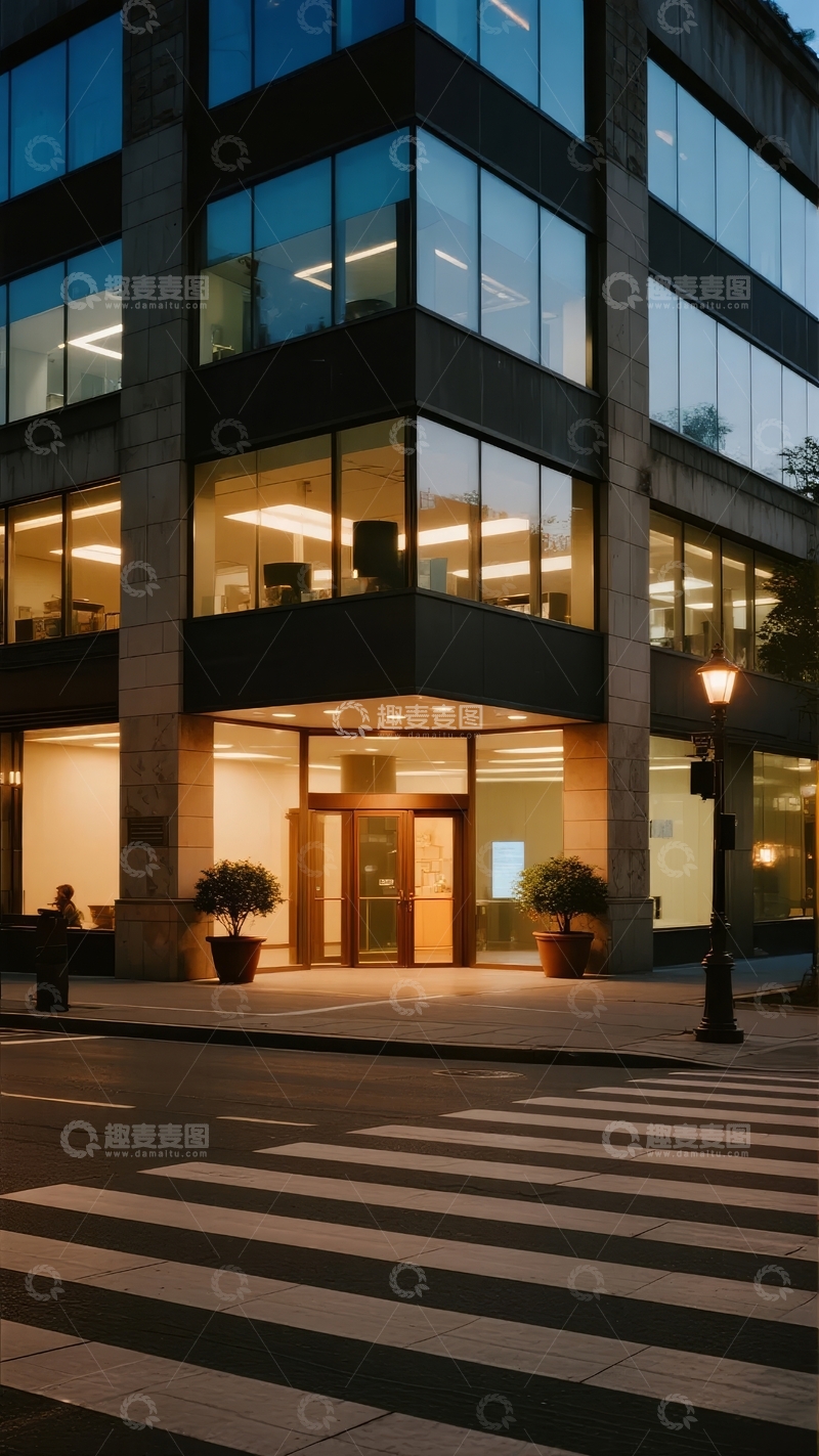 高清大图下载【趣麦麦图】现代办公楼入口夜景灯光照亮玻璃幕墙