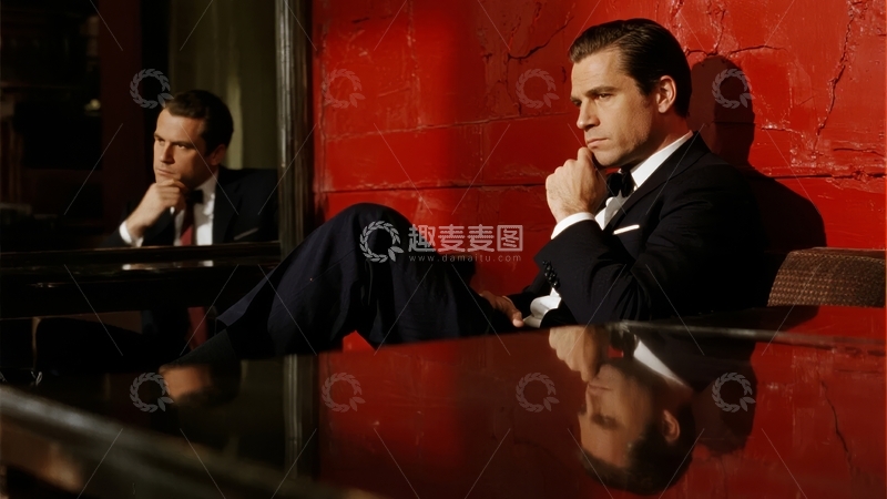 高清大图下载【趣麦麦图】两位西装男士在红色背景下的室内沉思场景