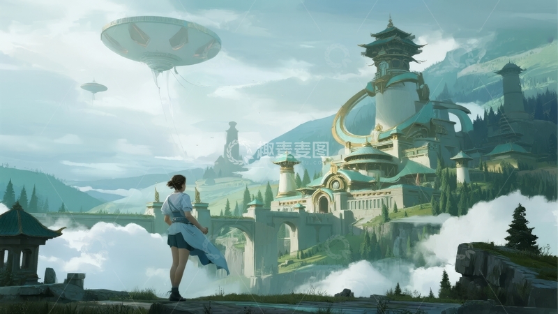 高清大图下载【趣麦麦图】女子眺望奇幻城堡与飞碟的梦幻场景