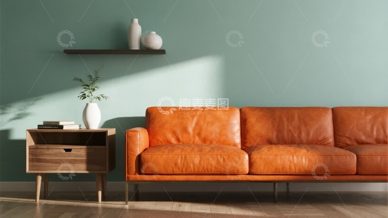 高清大图下载【趣麦麦图】现代简约风格客厅摆放橙色皮质沙发与木质边柜