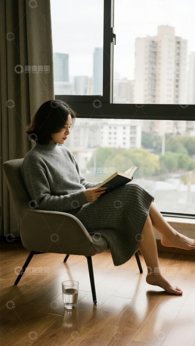 女子窗边阅读城市景观尽收眼底