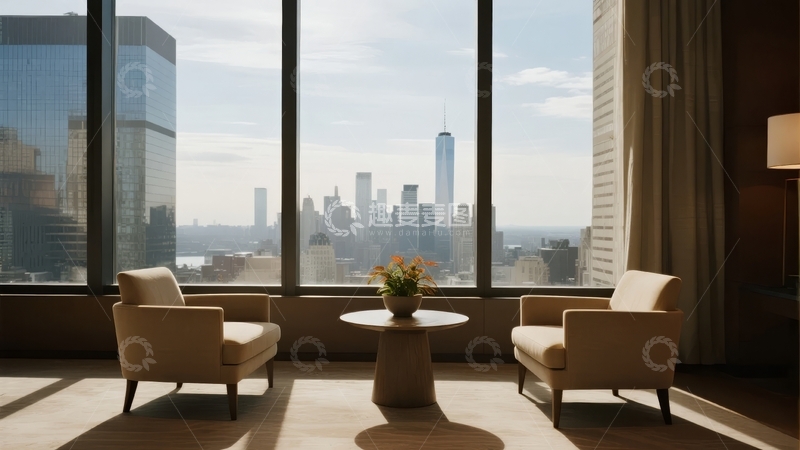 高清大图下载【趣麦麦图】现代室内景观透过大窗欣赏城市天际线