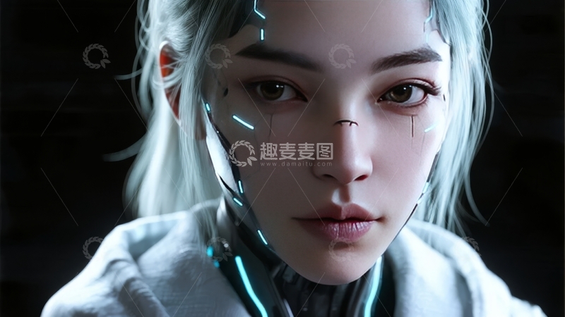 高清大图下载【趣麦麦图】未来科技风格女性面部特写带有发光线条装饰