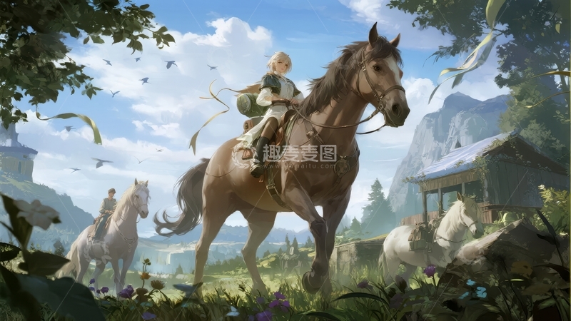 高清大图下载【趣麦麦图】骑手与骏马在山林间驰骋的梦幻场景