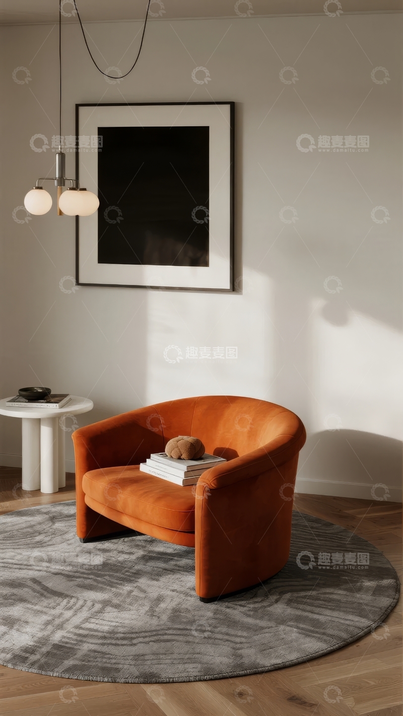 高清大图下载【趣麦麦图】现代简约风格客厅角落摆放橙色扶手椅