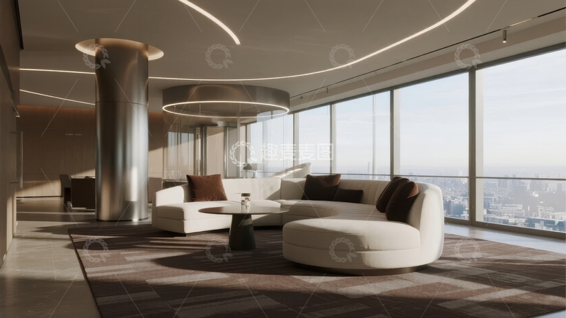 高清大图下载【趣麦麦图】现代豪华客厅拥有大面积落地窗和独特设计家具