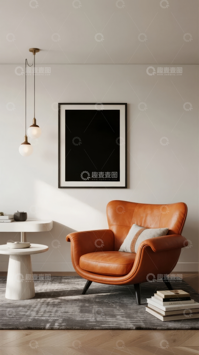 高清大图下载【趣麦麦图】现代简约风格客厅中的橙色皮质扶手椅与装饰画