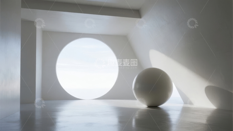 高清大图下载【趣麦麦图】简约室内空间中圆形窗户与球体的光影艺术