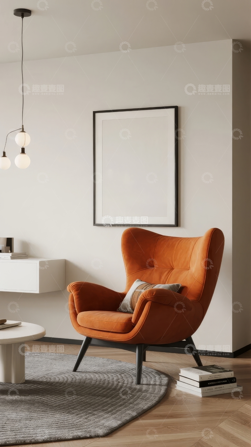 高清大图下载【趣麦麦图】现代简约风格客厅中的橙色扶手椅与装饰画