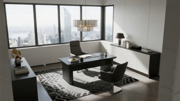 现代办公室内景配备大窗户和城市景观