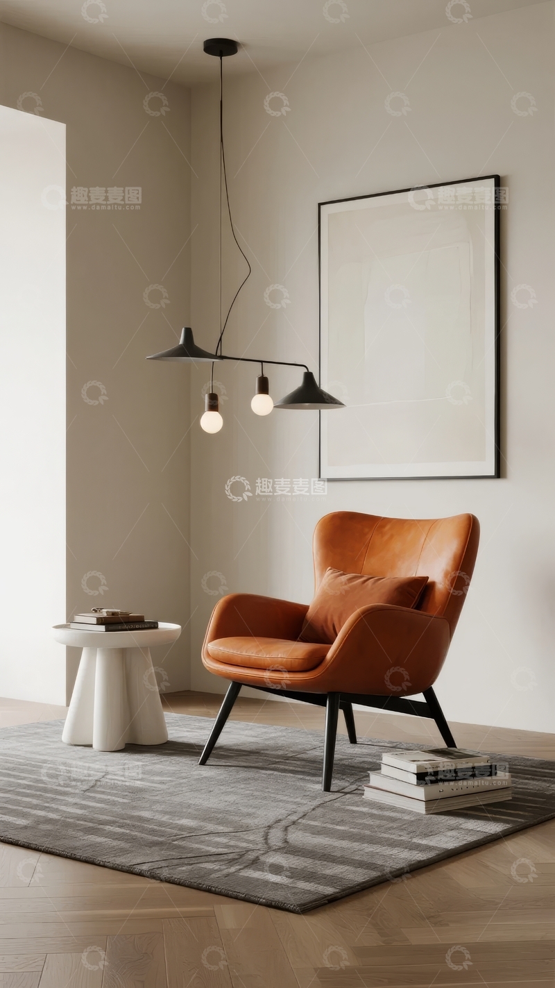 高清大图下载【趣麦麦图】现代简约风格客厅角落配有橙色扶手椅和悬挂吊灯