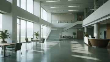 现代办公楼大厅宽敞明亮设有桌椅和绿植