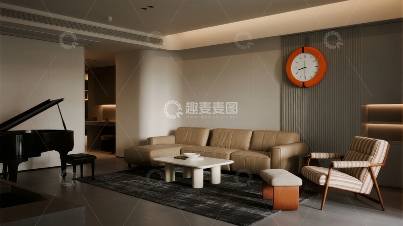 高清大图下载【趣麦麦图】现代简约风格客厅内摆放着钢琴和舒适沙发