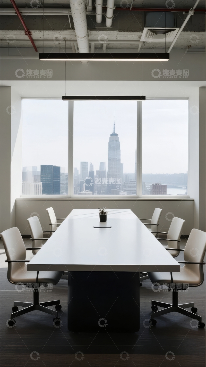高清大图下载【趣麦麦图】现代办公室会议室内景窗外可见城市天际线