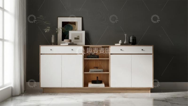 高清大图下载【趣麦麦图】现代简约风格白色柜子搭配木质隔板装饰