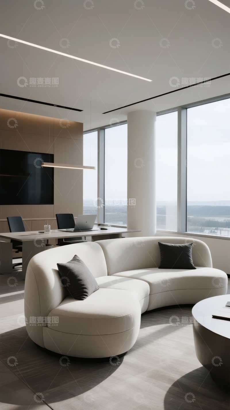 现代简约风格办公室内景配备大型落地窗和舒适沙发