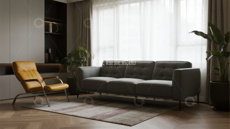 高清大图下载【趣麦麦图】现代简约客厅布置灰色沙发与黄色扶手椅