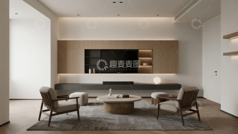 高清大图下载【趣麦麦图】现代简约客厅设计配备电视墙与舒适座椅