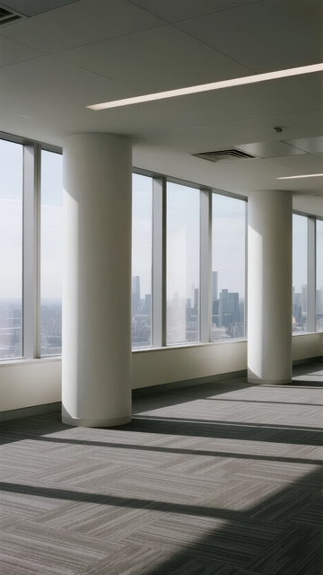 现代办公楼内景透过大窗户可见城市天际线