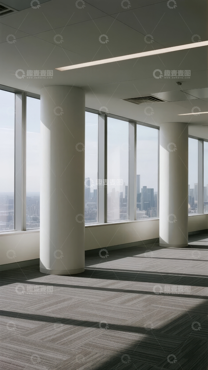 高清大图下载【趣麦麦图】现代办公楼内景透过大窗户可见城市天际线