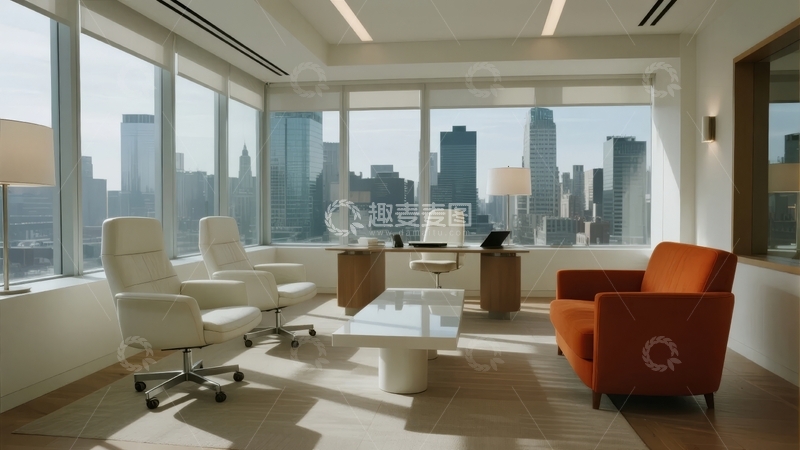 现代办公室内景透过大窗可见城市天际线