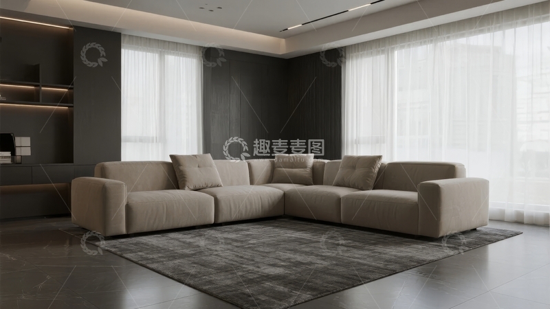 高清大图下载【趣麦麦图】现代简约风格客厅配备L型沙发和大面积落地窗